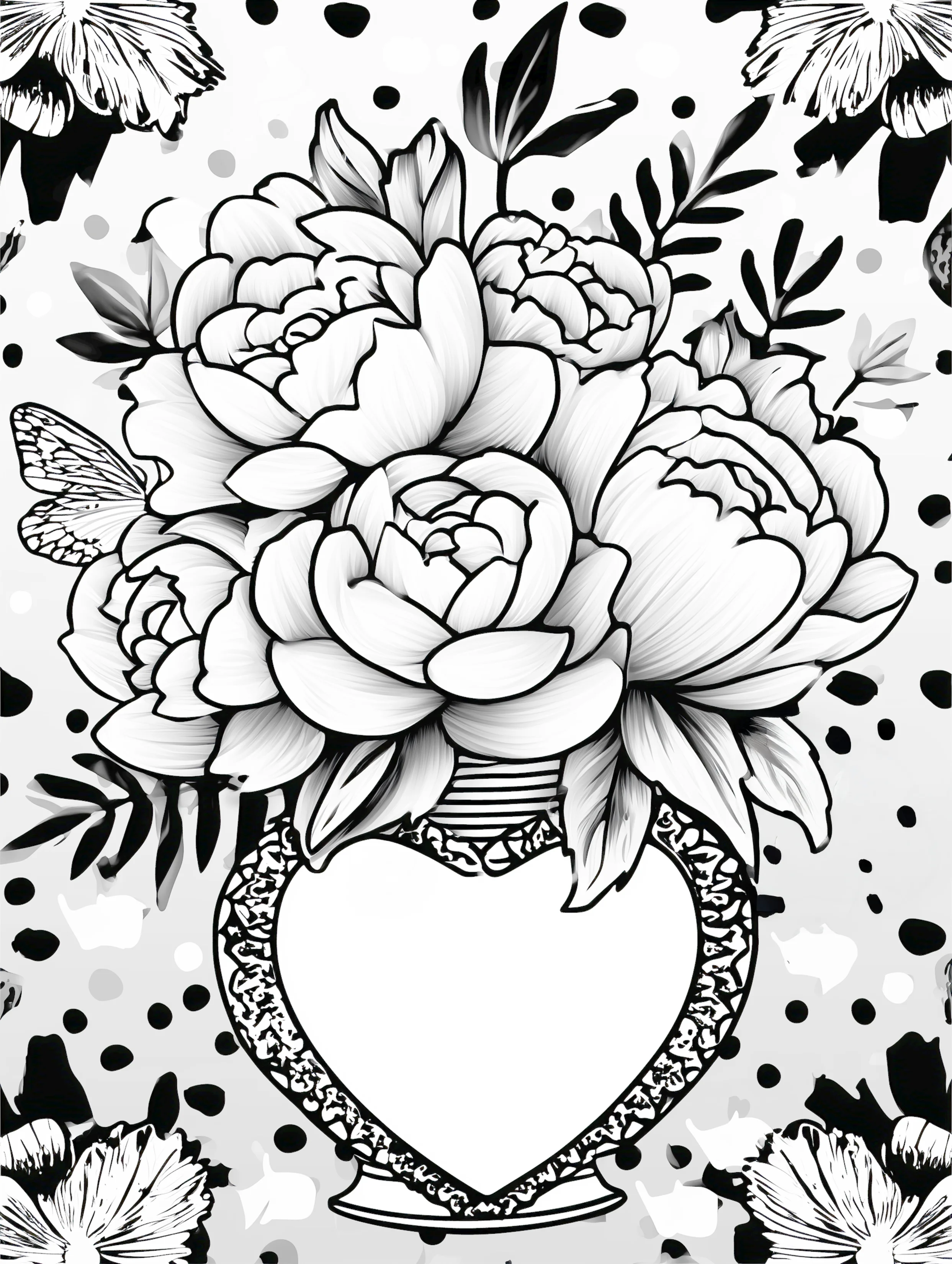 Free printable valentines coloring pages for adults featuring heart shaped vase with flowers coloring page
